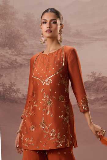 Buy Parul Gandhi Orange Silk Organza Mahira Embroidered Kurta Sharara Set Buy_Parul Gandhi_Orange Silk Organza Mahira Embroidered Kurta Sharara Set