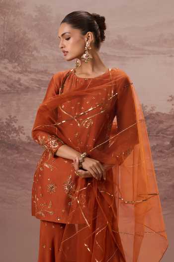Shop Parul Gandhi Orange Silk Organza Mahira Embroidered Kurta Sharara Set Shop_Parul Gandhi_Orange Silk Organza Mahira Embroidered Kurta Sharara Set