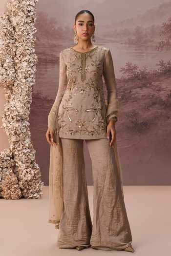 Shop Parul Gandhi Gold Tissue Round Neck Meher Embroidered Kurta Sharara Set Online at Aza Fashions Shop_Parul Gandhi_Gold Tissue Round Neck Meher Embroidered Kurta Sharara Set _Online_at_Aza_Fashions