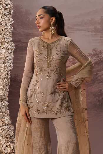 Buy Parul Gandhi Gold Tissue Round Neck Meher Embroidered Kurta Sharara Set Buy_Parul Gandhi_Gold Tissue Round Neck Meher Embroidered Kurta Sharara Set