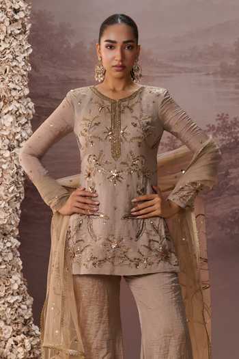 Shop Parul Gandhi Gold Tissue Round Neck Meher Embroidered Kurta Sharara Set Shop_Parul Gandhi_Gold Tissue Round Neck Meher Embroidered Kurta Sharara Set