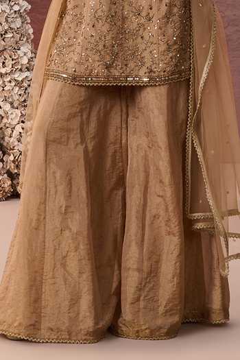 Parul Gandhi Gold Tissue Sweetheart Neck Sunehri Embroidered Kurta Sharara Set Online at Aza Fashions Parul Gandhi_Gold Tissue Sweetheart Neck Sunehri Embroidered Kurta Sharara Set _Online_at_Aza_Fashions