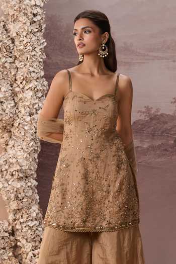 Buy Parul Gandhi Gold Tissue Sweetheart Neck Sunehri Embroidered Kurta Sharara Set Buy_Parul Gandhi_Gold Tissue Sweetheart Neck Sunehri Embroidered Kurta Sharara Set