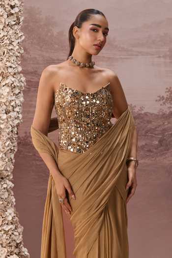 Parul Gandhi Gold Chinon Mirrors Sweetheart Kanak Pre-draped Saree With Embroidered Corset Online at Aza Fashions Parul Gandhi_Gold Chinon Mirrors Sweetheart Kanak Pre-draped Saree With Embroidered Corset _Online_at_Aza_Fashions