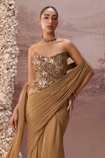 Buy Parul Gandhi Gold Chinon Mirrors Sweetheart Kanak Pre-draped Saree With Embroidered Corset Online at Aza Fashions Buy_Parul Gandhi_Gold Chinon Mirrors Sweetheart Kanak Pre-draped Saree With Embroidered Corset _Online_at_Aza_Fashions