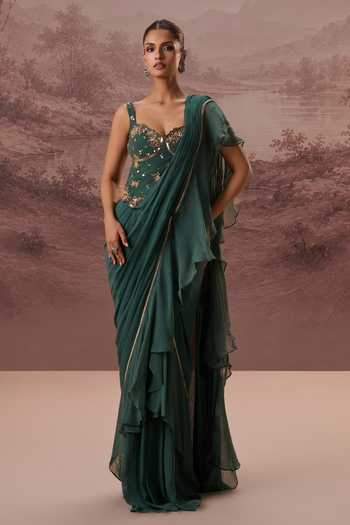 Parul Gandhi Harit Ruffle Pre-Draped Saree With Corset 