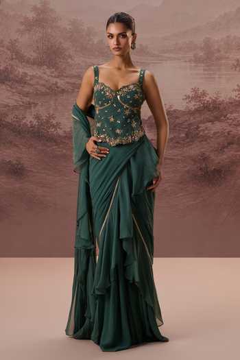 Buy_Parul Gandhi_Emerald Green Georgette Embroidery, Harit Ruffle Pre-draped Saree With Corset _Online_at_Aza_Fashions
