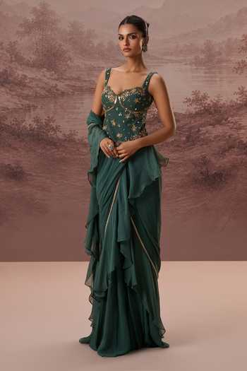 Shop_Parul Gandhi_Emerald Green Georgette Embroidery, Harit Ruffle Pre-draped Saree With Corset _Online_at_Aza_Fashions