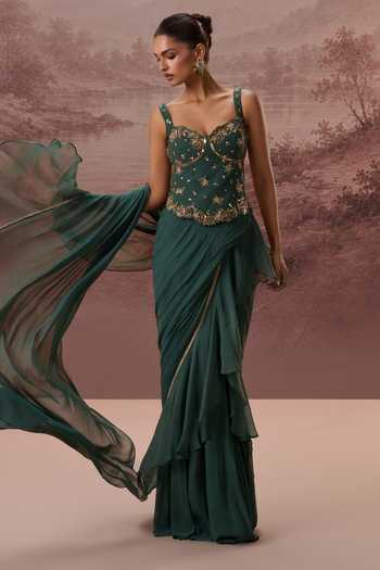 Parul Gandhi_Emerald Green Georgette Embroidery, Harit Ruffle Pre-draped Saree With Corset _at_Aza_Fashions