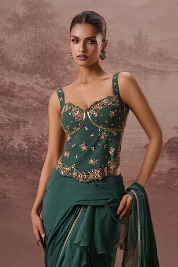 Buy_Parul Gandhi_Emerald Green Georgette Embroidery, Harit Ruffle Pre-draped Saree With Corset 