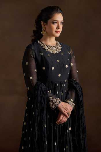 Almaari By Pooja Patel_Black Chanderi, Silk Round Neck Ojasvi Polka Dot Motif Anarkali Set _Online_at_Aza_Fashions