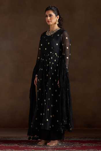 Buy_Almaari By Pooja Patel_Black Chanderi, Silk Round Neck Ojasvi Polka Dot Motif Anarkali Set _Online_at_Aza_Fashions