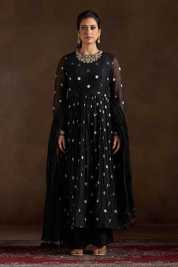 Shop_Almaari By Pooja Patel_Black Chanderi, Silk Round Neck Ojasvi Polka Dot Motif Anarkali Set _Online_at_Aza_Fashions