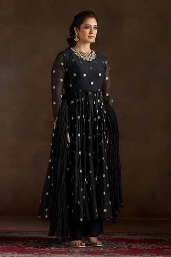 Almaari By Pooja Patel_Black Chanderi, Silk Round Neck Ojasvi Polka Dot Motif Anarkali Set _at_Aza_Fashions