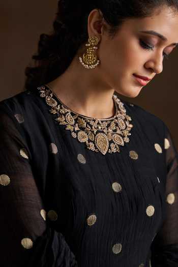 Buy_Almaari By Pooja Patel_Black Chanderi, Silk Round Neck Ojasvi Polka Dot Motif Anarkali Set 