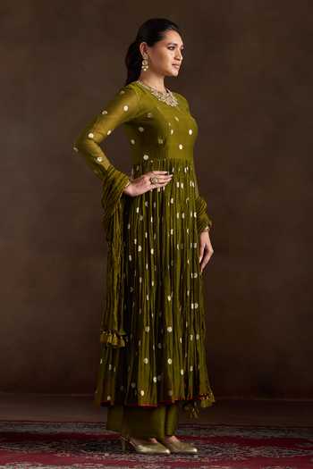 Almaari By Pooja Patel_Olive Green Chanderi, Silk Round Neck Ojasvi Pure Anarkali Set _Online_at_Aza_Fashions