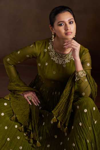 Shop_Almaari By Pooja Patel_Olive Green Chanderi, Silk Round Neck Ojasvi Pure Anarkali Set _Online_at_Aza_Fashions