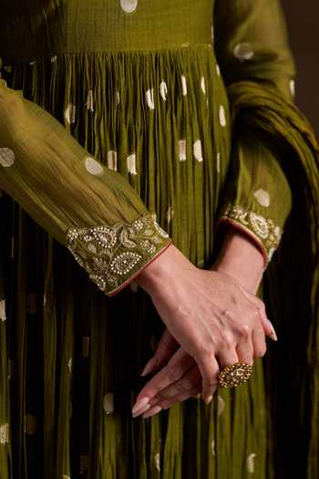 Almaari By Pooja Patel_Olive Green Chanderi, Silk Round Neck Ojasvi Pure Anarkali Set _at_Aza_Fashions