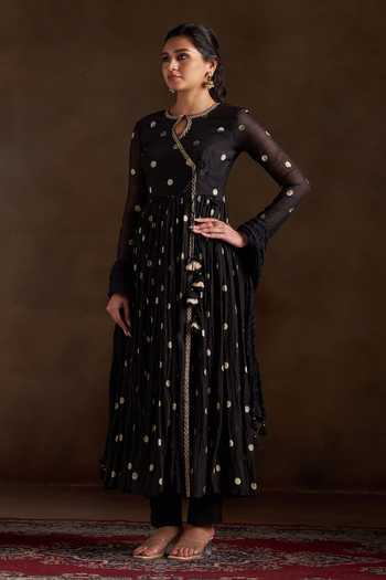Buy_Almaari By Pooja Patel_Black Chanderi, Silk Keyhole Neck Oorja Pure Polka Anarkali Set _Online_at_Aza_Fashions