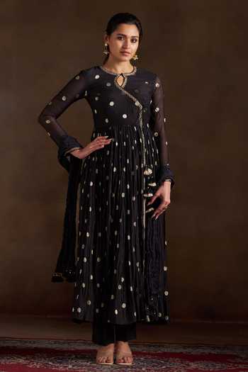 Shop_Almaari By Pooja Patel_Black Chanderi, Silk Keyhole Neck Oorja Pure Polka Anarkali Set _Online_at_Aza_Fashions