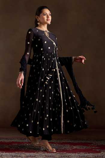 Almaari By Pooja Patel_Black Chanderi, Silk Keyhole Neck Oorja Pure Polka Anarkali Set _at_Aza_Fashions