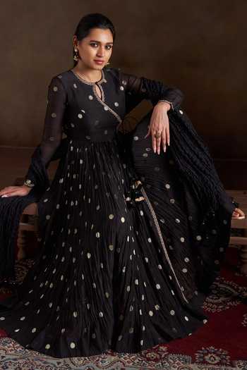 Shop_Almaari By Pooja Patel_Black Chanderi, Silk Keyhole Neck Oorja Pure Polka Anarkali Set 