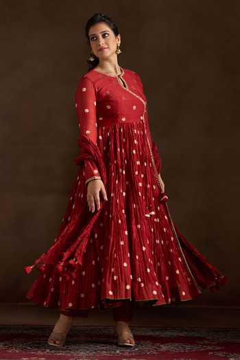 Almaari By Pooja Patel_Red Chanderi, Silk Keyhole Neck Oorja Pure Polka Anarkali Pant Set _Online_at_Aza_Fashions