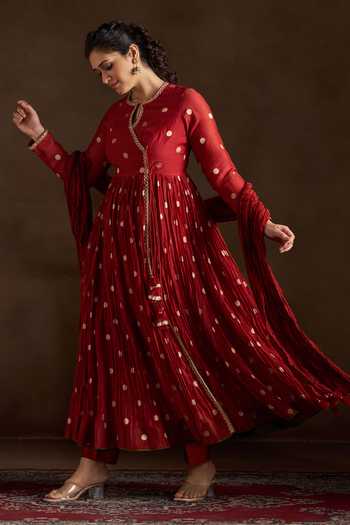 Almaari By Pooja Patel Oorja Pure Chanderi Polka Anarkali Pant Set 