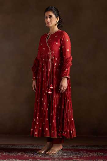 Buy_Almaari By Pooja Patel_Red Chanderi, Silk Keyhole Neck Oorja Pure Polka Anarkali Pant Set _Online_at_Aza_Fashions