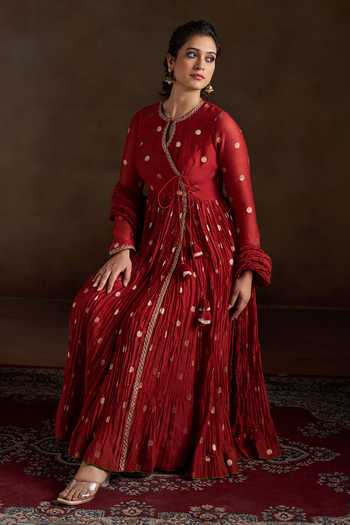 Shop_Almaari By Pooja Patel_Red Chanderi, Silk Keyhole Neck Oorja Pure Polka Anarkali Pant Set _Online_at_Aza_Fashions
