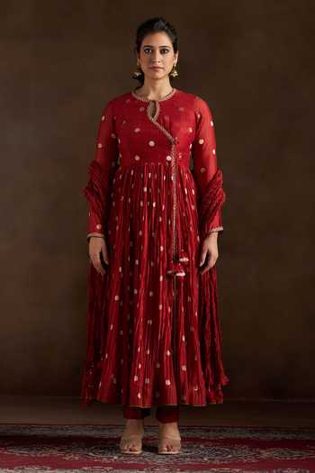 Almaari By Pooja Patel_Red Chanderi, Silk Keyhole Neck Oorja Pure Polka Anarkali Pant Set _at_Aza_Fashions