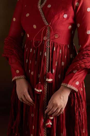Buy_Almaari By Pooja Patel_Red Chanderi, Silk Keyhole Neck Oorja Pure Polka Anarkali Pant Set 