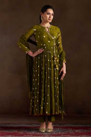Almaari By Pooja Patel_Green Chanderi, Silk Keyhole Neck Oorja Polka Pure Anarkali Set _Online_at_Aza_Fashions