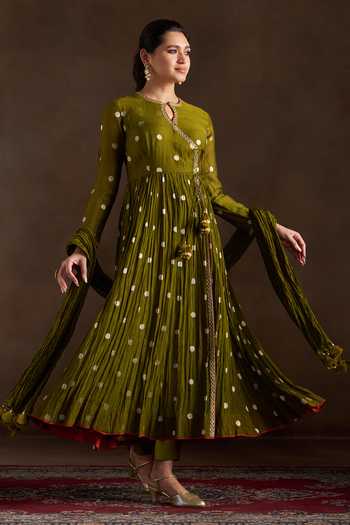 Shop_Almaari By Pooja Patel_Green Chanderi, Silk Keyhole Neck Oorja Polka Pure Anarkali Set _Online_at_Aza_Fashions