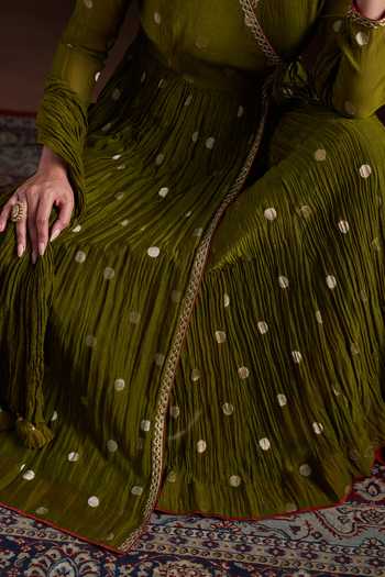 Almaari By Pooja Patel_Green Chanderi, Silk Keyhole Neck Oorja Polka Pure Anarkali Set _at_Aza_Fashions