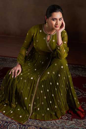 Buy_Almaari By Pooja Patel_Green Chanderi, Silk Keyhole Neck Oorja Polka Pure Anarkali Set 