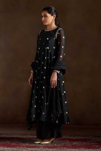 Buy_Almaari By Pooja Patel_Black Chanderi, Silk Round Neck Oishi Woven Anarkali Set _Online_at_Aza_Fashions