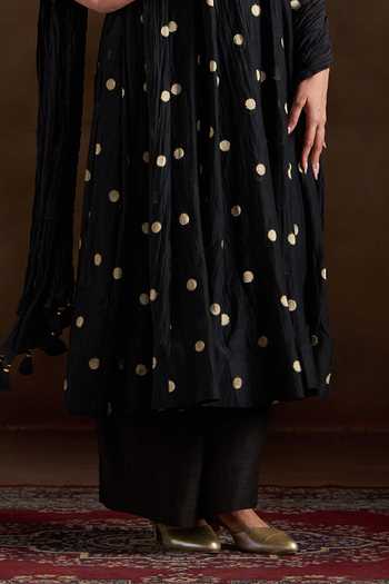 Shop_Almaari By Pooja Patel_Black Chanderi, Silk Round Neck Oishi Woven Anarkali Set _Online_at_Aza_Fashions