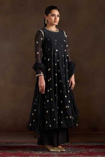 Almaari By Pooja Patel_Black Chanderi, Silk Round Neck Oishi Woven Anarkali Set _at_Aza_Fashions