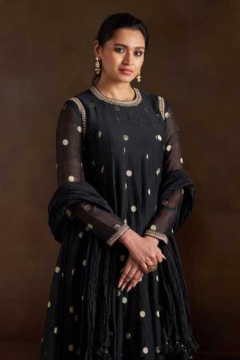 Shop_Almaari By Pooja Patel_Black Chanderi, Silk Round Neck Oishi Woven Anarkali Set 