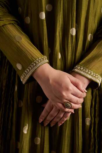 Almaari By Pooja Patel_Olive Green Chanderi, Silk Round Neck Oishi Woven Anarkali Set _Online_at_Aza_Fashions
