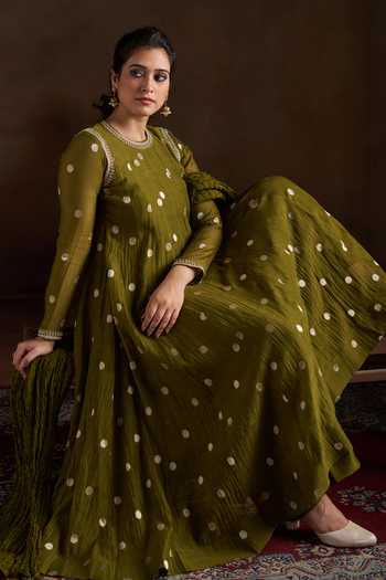 Buy_Almaari By Pooja Patel_Olive Green Chanderi, Silk Round Neck Oishi Woven Anarkali Set _Online_at_Aza_Fashions