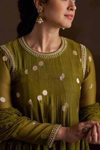 Shop_Almaari By Pooja Patel_Olive Green Chanderi, Silk Round Neck Oishi Woven Anarkali Set _Online_at_Aza_Fashions