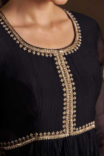 Buy_Almaari By Pooja Patel_Black Chanderi Round Neck Oshira Embroidered Anarkali Set _Online_at_Aza_Fashions