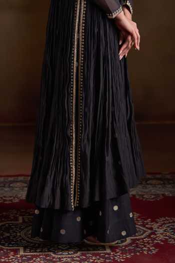 Shop_Almaari By Pooja Patel_Black Chanderi Round Neck Oshira Embroidered Anarkali Set _Online_at_Aza_Fashions