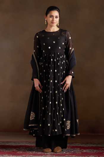Almaari By Pooja Patel_Black Chanderi, Silk Round Neck Omika Polka Pattern Anarkali Set _Online_at_Aza_Fashions