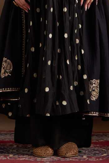 Buy_Almaari By Pooja Patel_Black Chanderi, Silk Round Neck Omika Polka Pattern Anarkali Set _Online_at_Aza_Fashions