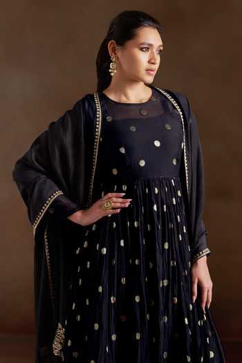 Shop_Almaari By Pooja Patel_Black Chanderi, Silk Round Neck Omika Polka Pattern Anarkali Set _Online_at_Aza_Fashions