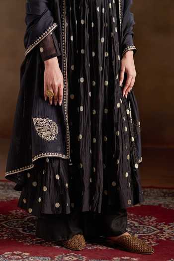 Almaari By Pooja Patel_Black Chanderi, Silk Round Neck Omika Polka Pattern Anarkali Set _at_Aza_Fashions