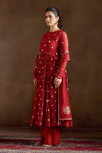 Buy_Almaari By Pooja Patel_Red Chanderi, Silk Round Neck Omika Polka Dot Pattern Anarkali Set _Online_at_Aza_Fashions